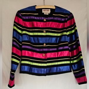 Vintage Maggy London Petities Size 10 Multicolor Striped Polyester Lined Blazer